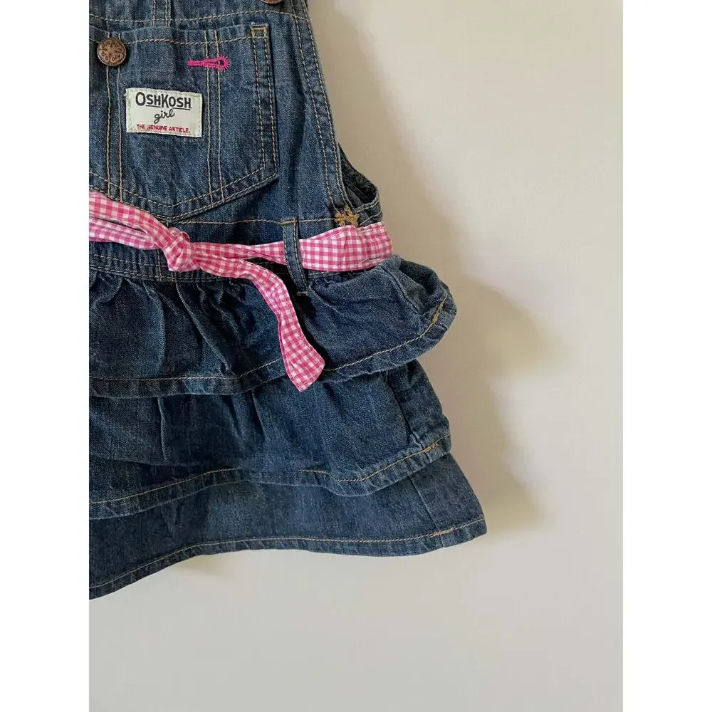 Oshkosh Vintage 90s Ruffle Belt Denim Dress Blue Pink Size 24 months 2 Toddler